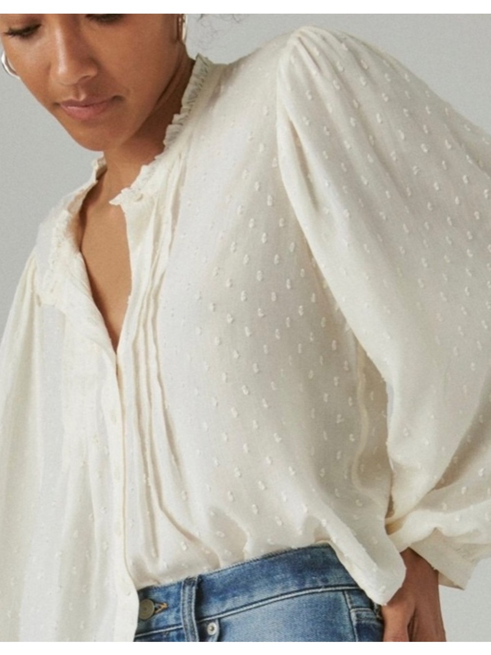 Lucky Brand Balloon Sleeve Swiss Dot Button Front Blouse Top